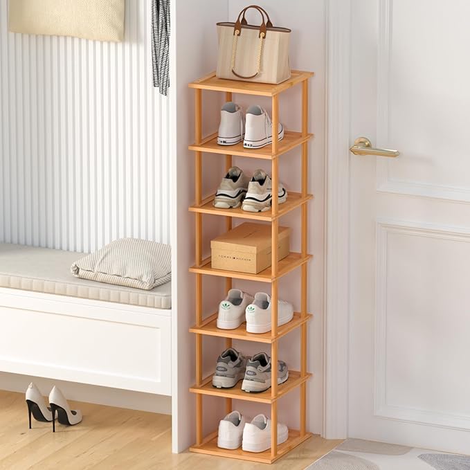 Bamboo Free Standing Shoe Rack Shelf Multi Tier Tall Wooden Stackable Shoes Rack Organizer for Closet Front Door Entrance Narrow Vertical Shoe Storage (Nature, 7 Tiers)