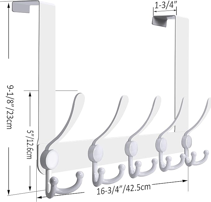 WEBI Over The Door Hook Door Hanger Hook Rack with 5 Tri Hooks for Hanging Coats, Door Towel Rack Towel Hanger Door Coat Hanger Over Door Coat Rack for Bathroom,Behind Back of Door,White,2 Packs