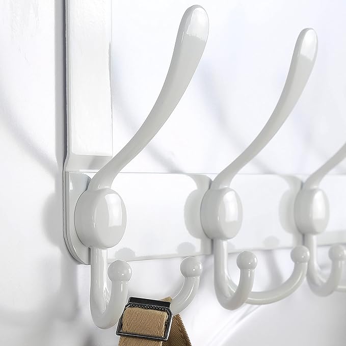 Dseap Over The Door Hook Hanger - Fits 1 3/8" to 1 3/4" Standard Doors | 5 Tri Hooks Heavy Duty Towel/Coat Rack | Door Organizer for Clothes, Jackets, Hats, Towels, White