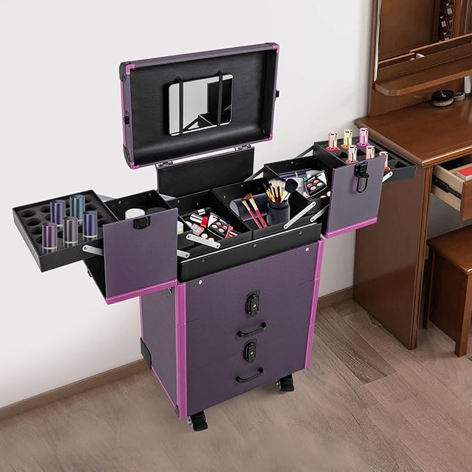 Rolling Makeup Train Case with Wheels and Mirror, Lockable Portable Cosmetic Organizer Trolley, Large Make up Cosmetic Orgainzer, Pro Makeup Artists Multifunction Cosmetics Trolley Train Case (Purple)