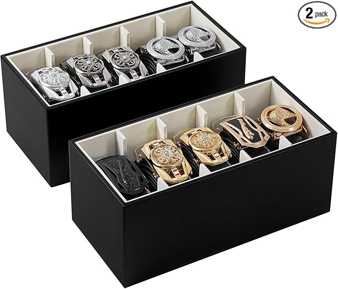 2 Packs Leathers Belt Organizer for Closet and Drawer, Stackable 5 Grids Dresser Drawer Organizers, Belt Tie Holder for Men,Tie Box-Black