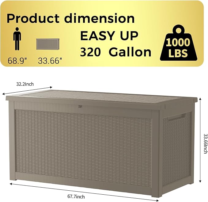320 Gallon Lockable Resin Deck Box, Waterproof & UV-Resistant Outdoor Storage Box for Outdoor Cushion Storage, Garden Tools Accessories Storage, Gray