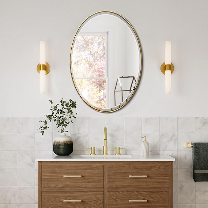 POZINO Brush Oval Vanity Mirror, 20"x28" Gold Mirror for Over Sink, Modern Rounded Mirrors with Stainless Steel Frame, Brass Beveled Mirrors for Bathroom Bedroom Living Room, Horizontal Or Vertical