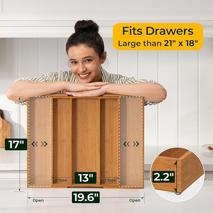 Carbonized Bamboo Kitchen Drawer Organizer, 5 Slots Expandable Silverware Organizer, Utensil Holder & Cutlery Tray, 2.2" Deep for Extra Capacity, Non-Slip Feet Included