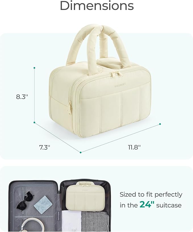 BAGSMART Travel Toiletry Bag, Puffy Large Toiletry Bag for Women, Lightweight Cosmetic Makeup Bag Organizer with Handle for Traveling, Accessories, Essentials, Toiletries (Grayish Brown)