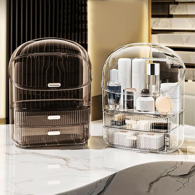 DASITON Makeup Organizer for Vanity,Large Capacity Cosmetic Organizer for Countertop,3 Layers Makeup Storage Organizer,Waterproof & Dustproof Cosmetic Display Case for Bathroom,Dresser,Bedroom(Clear)