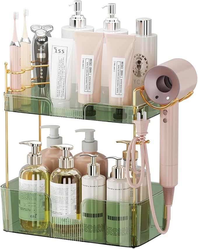 2 Tier Bathroom Organizer Countertop Makeup Perfume Tray Skincare Organizer Comes with Hair Dryer Rack and Toothbrush Holder for Bathroom Dresser Vanity (Green)