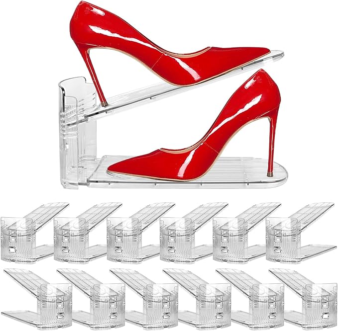 12 Pack Clear Shoe Slots Organizer - Adjustable Height 3.7''to 7.7'' Shoe stackers for a pair of shoes ,Shoe rack storage shoe space saver 50%,Easy to assemble shoe hold shoe organizer for cloest
