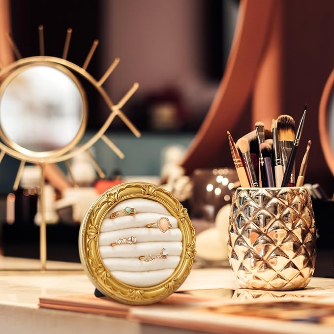 Vintage Ring Holder Round Gold Ring Wedding Display Suede Jewelry Box Stand Frame Earring Tray Anniversary Engagement Baroque Organizer Photograph Prop for Women Birthday Christmas Gift