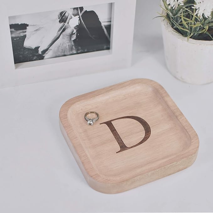 I'm Wooden Personalized Letter Catchall Valet Tray Trinket Dish Jewelry Tray Key Bowl Decorative Plate Organizing Ring Earrings Necklaces Bracelet Watch Coins Wallet Holder (6"x6" Sq Natural D)