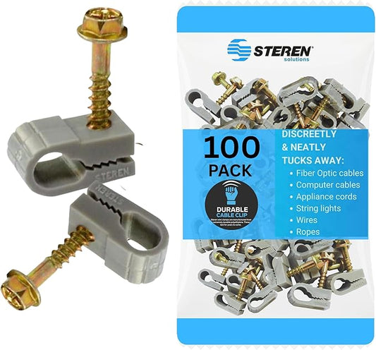STEREN Coaxial Cable Clips - Cable Holder - Wire Clips - Siding Clips for Hanging - Cord Holder for Desk - Cable Clamps (Gray, 100 Count - Single Screw)