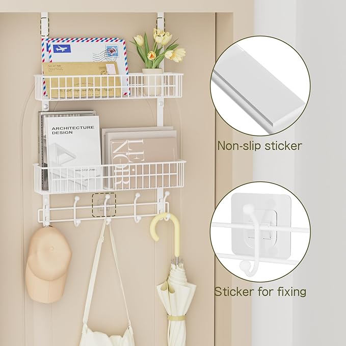 Over The Door Hooks, Door Hanger Towel Rack with 10 Coat Hooks & 2 Mesh Basket, Over Door Storage Organizer for Bathroom, Bedroom, Kitchen, Office, Easy Installation, White