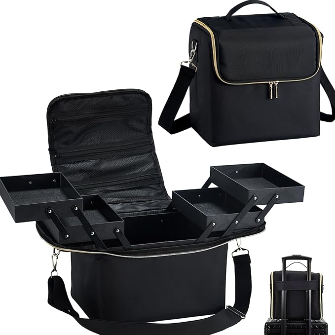 Large Travel Makeup Train Case, Big Makeup Bag Organizer Makeup Box,4 Tier Professional Cosmetic Storage Cases for Nail Tech Tattoo Storage Bag for Equipment and Supplies with luggage Sleeve