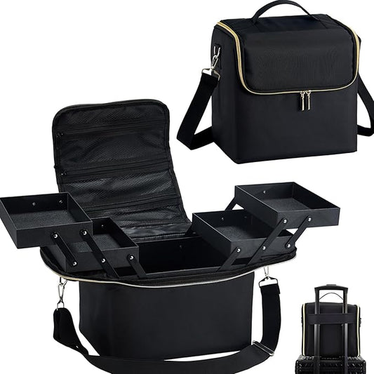 Large Travel Makeup Train Case, Big Makeup Bag Organizer Makeup Box,4 Tier Professional Cosmetic Storage Cases for Nail Tech Tattoo Storage Bag for Equipment and Supplies with luggage Sleeve