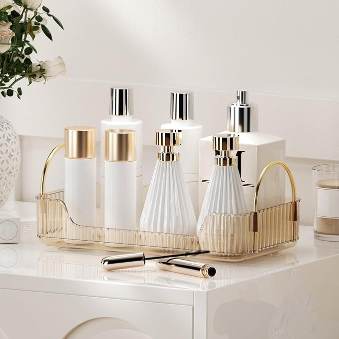 YCIA&DONE Bathroom Organizer Countertop, Makeup Storage, Skincare Cosmetic Tray Shelf, Perfume Holder Rack for Vanity Counter, Large Capacity, Easy to Install, Clean, 1 Tier, Amber Gold