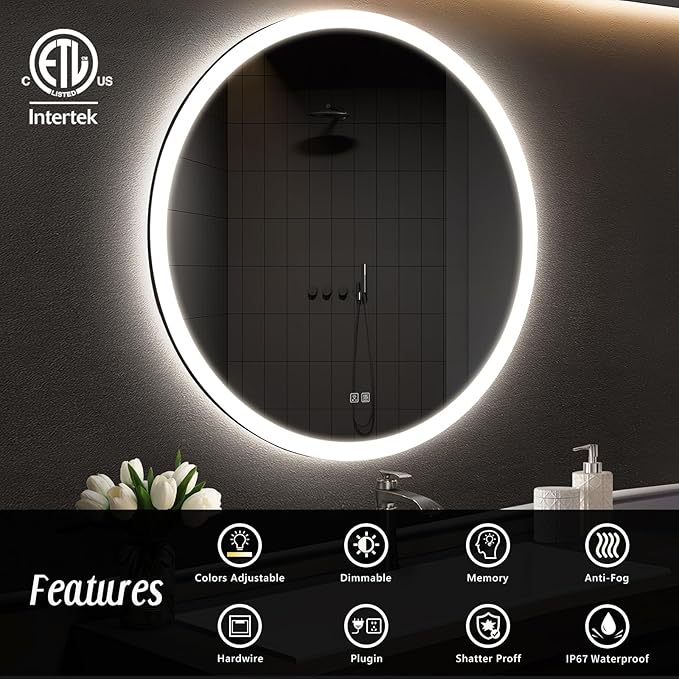 APRILSOUL 24 Inch Round LED Bathroom Vanity Mirror with Front and Backlit, Led Mirror with Anti-Fog, 3 Colors and Dimmable Light