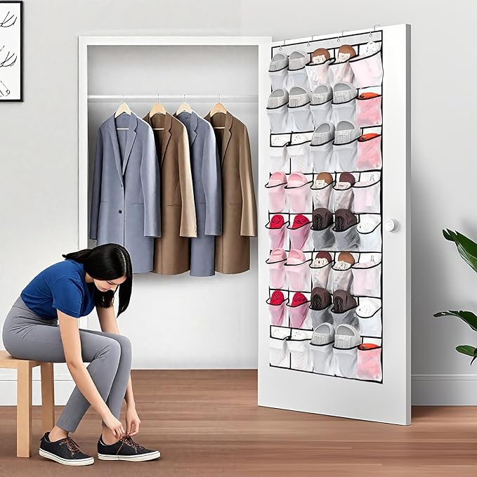 40 Large Mesh Pocket Over the Door Shoe Organizer,Hanging Shoe Rack for Door,Hualleko Shoes Organizer Hanger with Large Capacity, Shoes Storage Holder Sturdy Non-woven Fabric - Stores 20 Pairs (White)