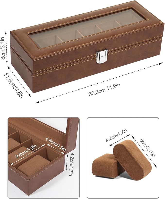 Uten 6 Slots Watch Box, PU Leather Watch Case with Glass Lid, Watch Holder Organizer with Soft Pillow and Velvet Lining, Watch and Jewelry Storage Box, Brown