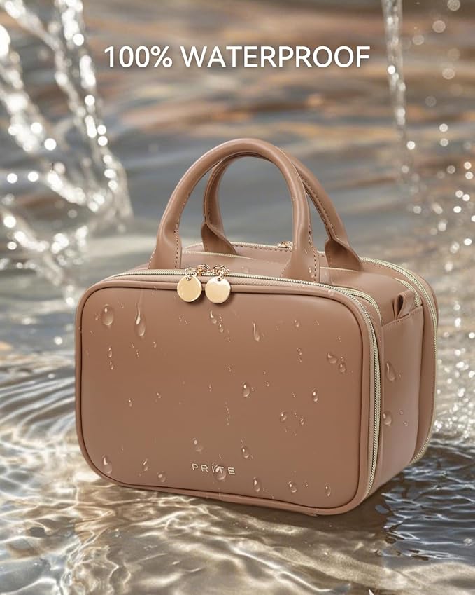 Prite Travel Makeup Bag Women’s Large Capacity Waterproof Cosmetic Organizer Portable Open Flat Toiletry Case with Free-standing Brush Holder and Handle(Brown Large)