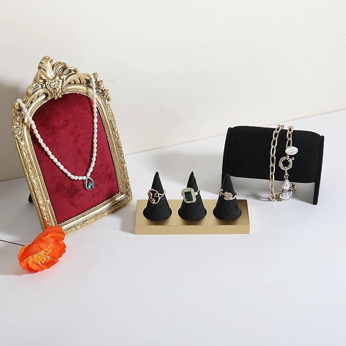 GemeShou black jewelry ring display holder for selling, velvet ring cone display stand, cute cone shaped ring holder with golden coated base,Small jewelry ring storage organizer【Ring holder-black】