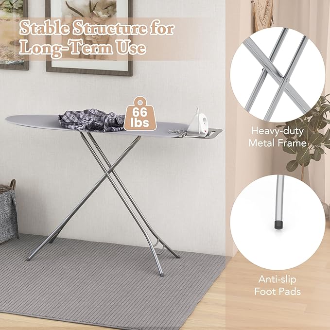 COSTWAY Ironing Board Full Size, Foldable Iron Table w/Rest, Height Adjustable, Removable Cover, Heavy-Duty Metal, Compact and Space Saver Iron Board for Living Room, Laundry (Light Gray)