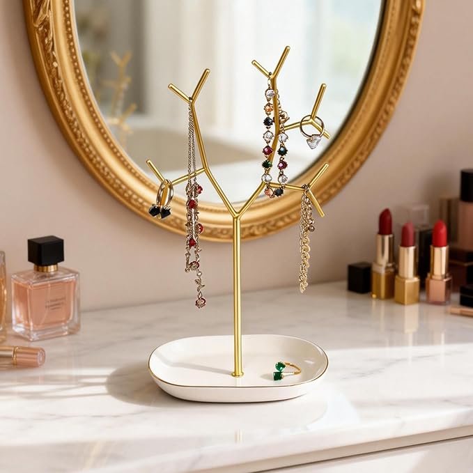 Elegant Jewelry Holder Tree Stand with Ceramic Tray - Metal Necklace Holder Organizer for Rings Bracelets Earrings - Tangle Free, Rustproof Decorative Display for Vanity Dresser