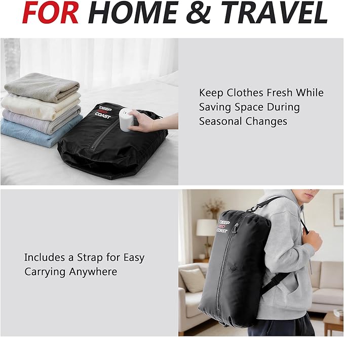 Vacuum Bags for Travel with Pump, 12GAL Compression Packing Cubes with Adjustable Shoulder Strap, IP68 Reusable Vacuum Packing Cubes for Luggage, Backpack, Suitcase, Yoga, Swim, Beach