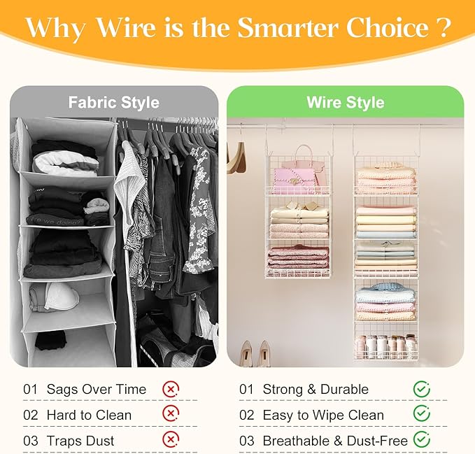 5 Tier Hanging Closet Organizer Separable Hanging Closet Shelves with 4 Hooks 2 Adjustable Dividers, Wire Storage Basket Bins for Clothing Sweaters Socks Dolls Handbags, Foldable