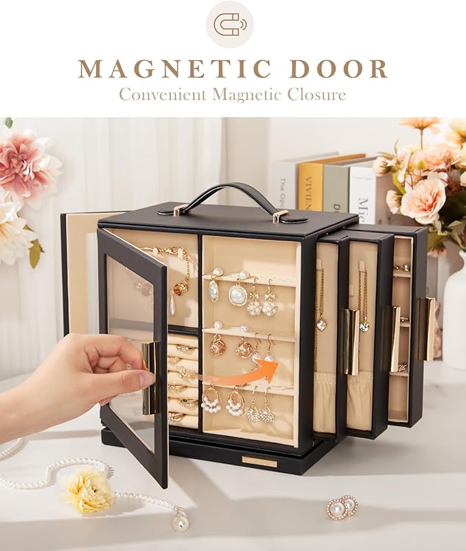 Homde Valentine's Day gifts Jewelry Box 360° Rotating, Necklace Earring Organizer with Transparent Window, Mirror, 7 Drawers, Large Ring Display Storage Case for Girls Women (Black)