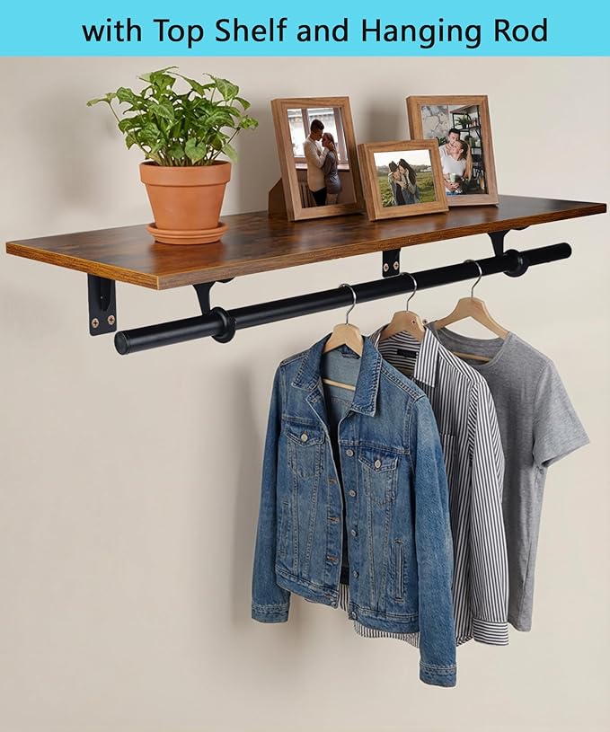 FIRJOY Closet Shelf with Hanging Rod, Heavy Duty (Black, 1 PACK 11.8" x 31.4")