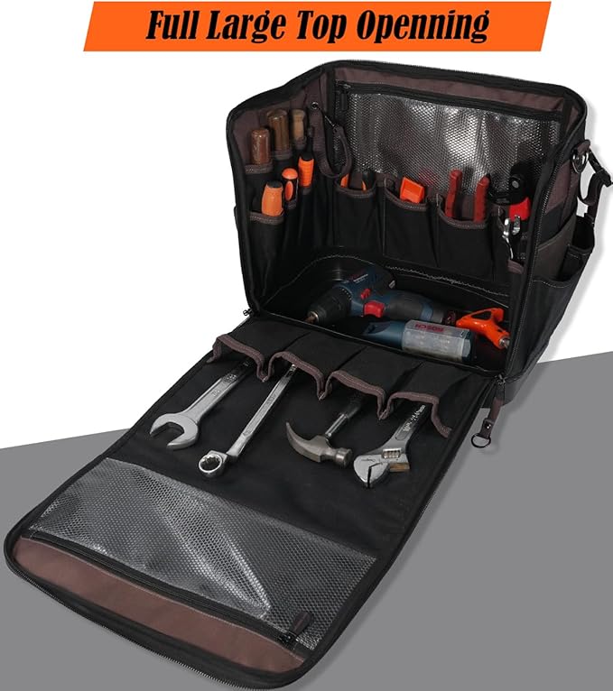 WELKINLAND 54Pockets Electrician Tool Bag, Heavy-Duty Hard Bottom Tool Bag, WaterProof Waxed Canvas Tools Bag, Technician Tool Bags, HVAC Tools Bag For professionals