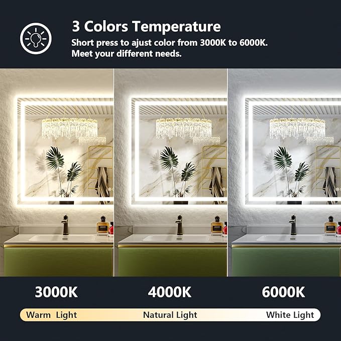 68x36 Inch LED Bathroom Mirror with Lights Front and Backlit Lighted Vanity Mirror for Bathroom Wall with 3 Colors Dimmable Anti-Fog Memory Shatter-Proof IP54 Waterproof Horizontal/Vertical