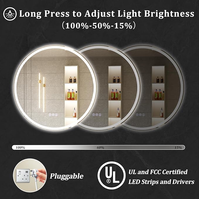 BEAUTYPEAK 28x28 LED Round Bathroom Mirror with Lights, Anti-Fog, Dimmable, Backlit + Front Lit, Lighted Bathroom Vanity Mirror for Wall, 3 Colors, Memory Function, Tempered Glass, Shatter-Proof