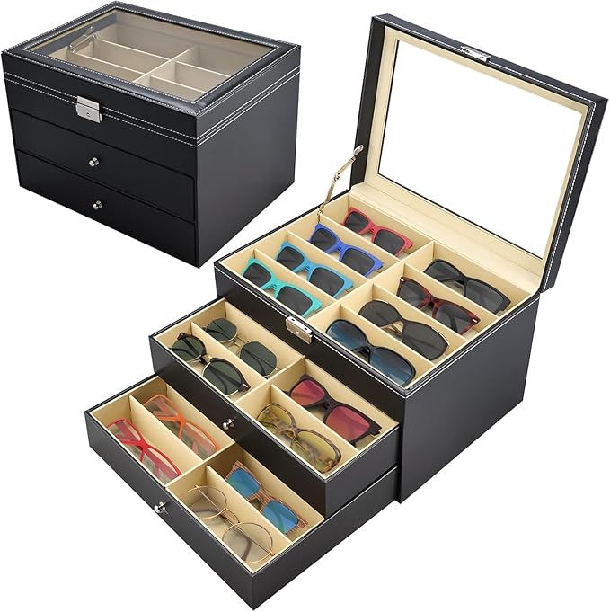 Sunglasses Organizer, Sunglasses Storage Organizer, Eyeglasses Storage Glass Top Lockable Case Organizer Eyeglasses Display Box for Women Men (Black)