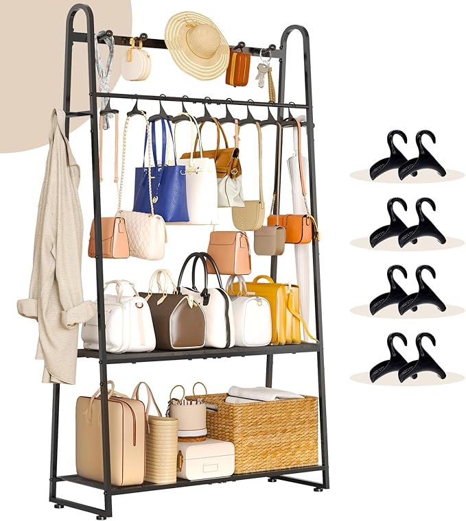 KAFAHOM Purse Organizer for Closet, Heavy Duty Coat Rack freestanding for Entryway, Oversized Bag Shelf, Purse Holder for Hanging Strap Handbags, Clothing, Ideal Storage for Small Space Solution