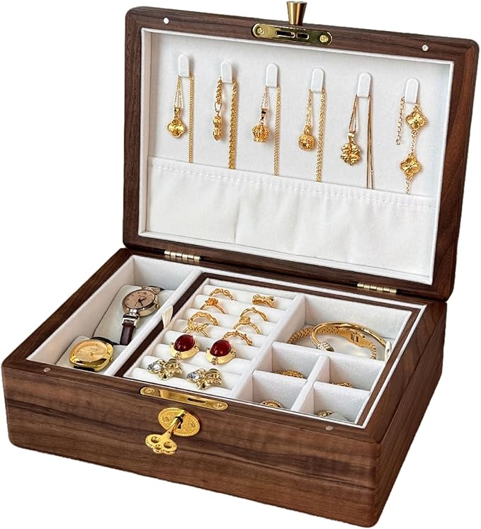 Bescott 2 Layer Solid Black Walnut Wooden Jewelry Box with Lock and Key for Women Wood Vintage Organizer for Men Earrings Rings Necklaces Bracelet Watch Storage Mother's Day Gift
