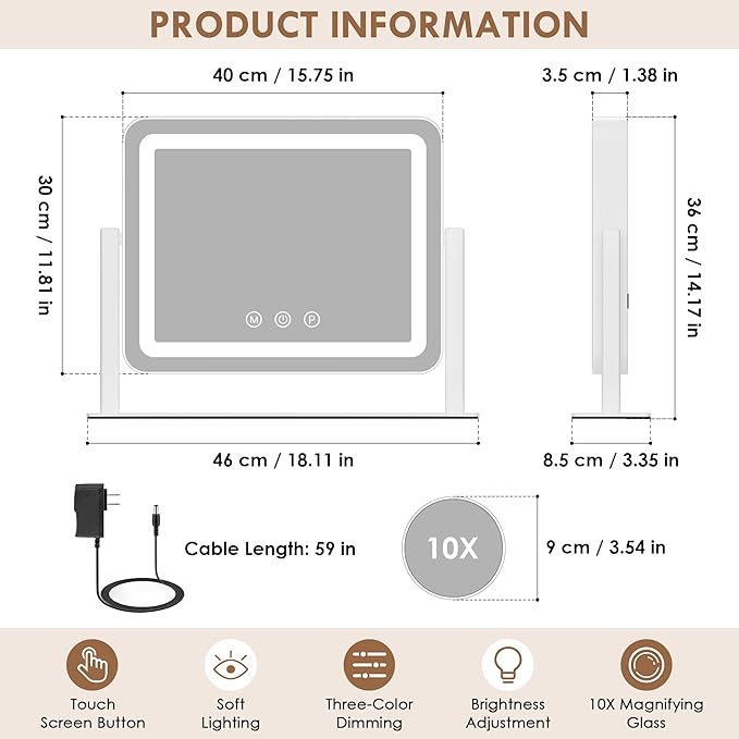 Sucedey Vanity Mirror with Lights, 18.1" L x 14.2" W LED Makeup Mirror, Hollywood Mirror with 3 Color Modes & Adjustable Brightness, Detachable 10x Zoom Mirror, 360 Degree Rotation (White)