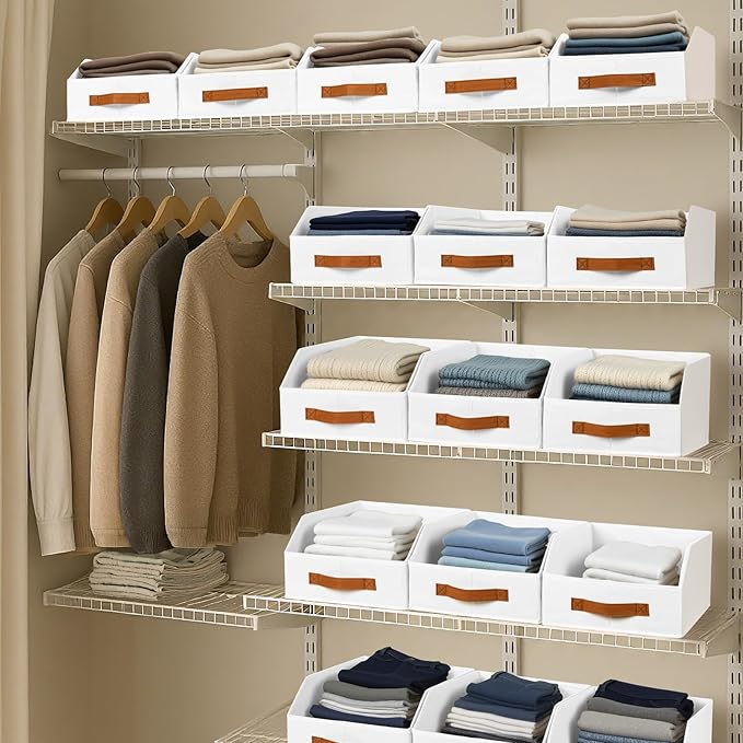 Fabric Storage Bins for Organizing - 10 Pack Large Trapezoid Collapsible Storage Bins with Front Handle, Closet Organizers and Storage for Bedroom, Home Shelves, Small Spaces, White