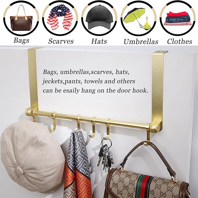 BOF Over The Door Hooks, Adjustable 6 Door Hooks for Hanging, Premium Aluminum Over Door Hanger, Thin Overhead, No Impact Door Closing, for Bathroom, Bedroom Doors, Hanging Coats, Towels and More