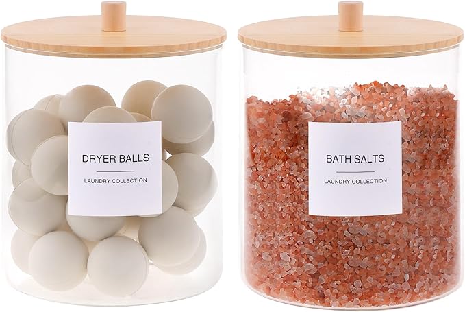3 Pack Glass Jars and Acrylic Dryer Sheet Holder, Laundry Pods Container with Bamboo Lid and Measuring Cups for Laundry Room Organization, Powder Detergent Containers