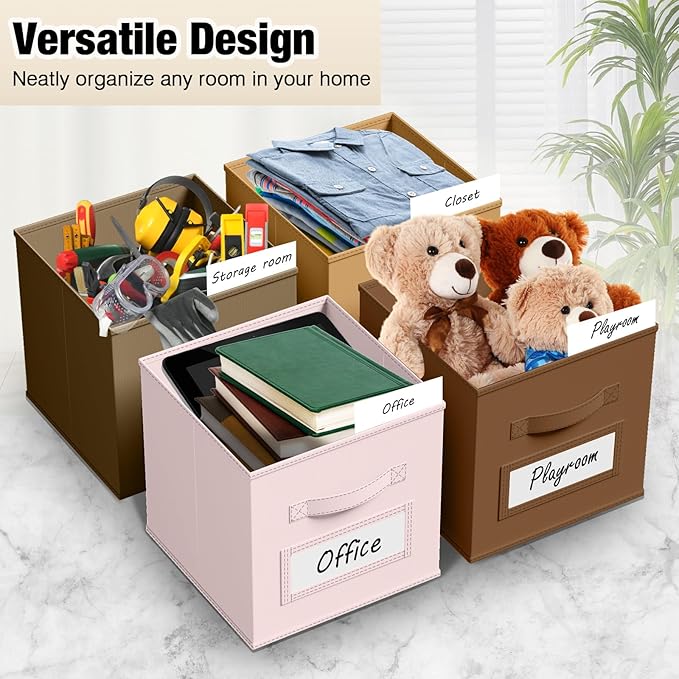 10 Pcs Fabric Storage Cubes with Labels 11 Inch Collapsible Cube Organizer Baskets with Window Cards for Shelf Clothes Book Storage Bin(Boho)