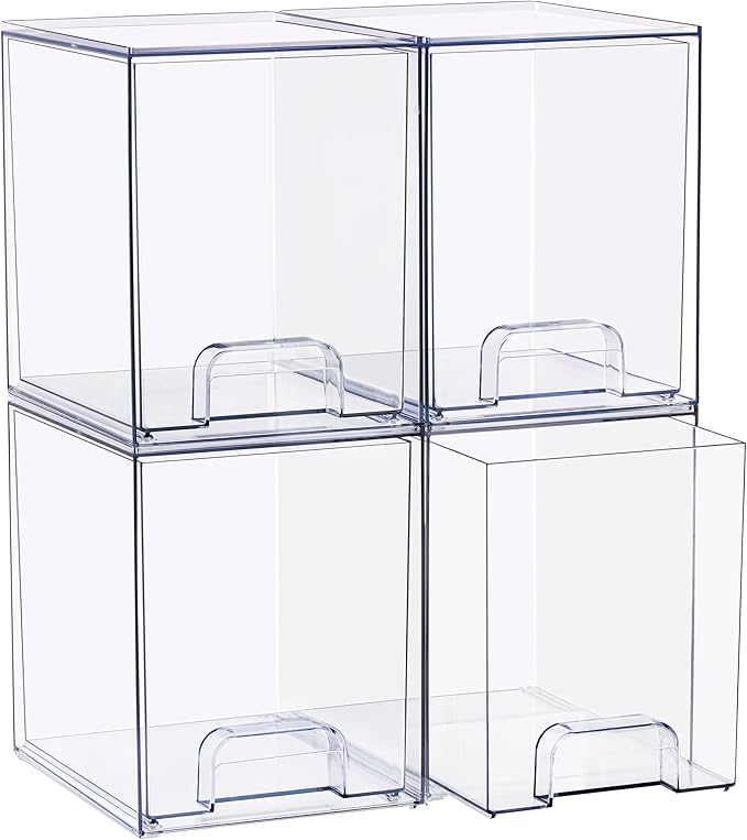 Sorbus Stackable Acrylic Storage Drawers, 4 Pack Clear Plastic Organizer Bins for Baby Bottles, Makeup, Bathroom, Vanity & Kitchen Countertop Organization, Pull-Out Drawer Design for Cabinets & Pantry