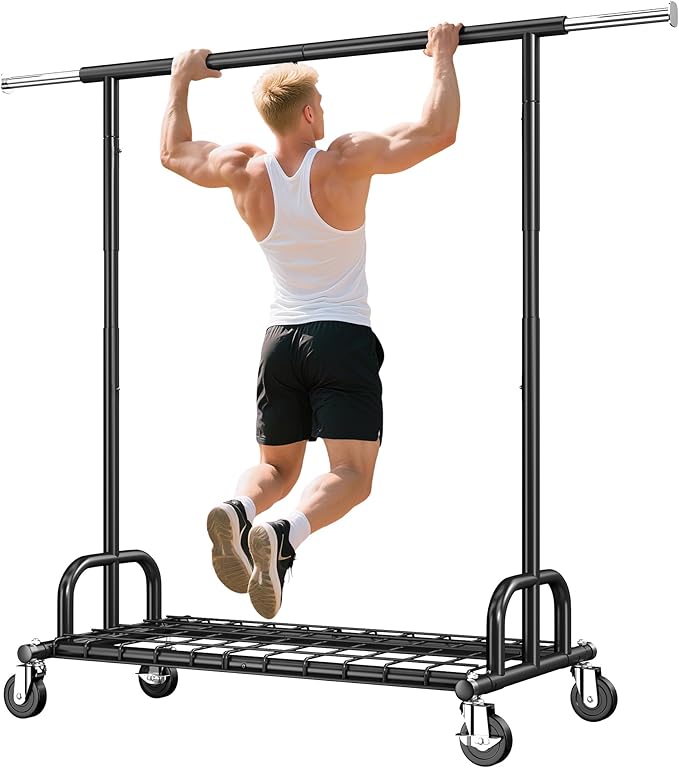 Raybee Heavy Duty Clothes Rack, Clothing Racks for Hanging Heavy Clothes 200+, Rolling Clothing Rack Load 530 LBS, Extendable & Adjustable Portable Commercial Garment Rack with Wheels, Black