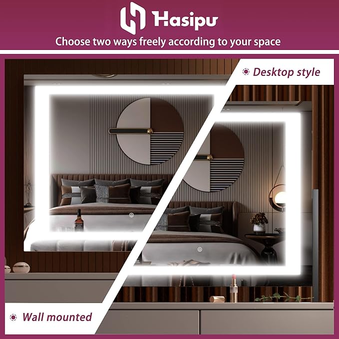 Hasipu Vanity Mirror with Lights, 24.2" x 19.7" LED Makeup Mirror, Light up Mirror with 10X Magnification, Smart Touch 3 Colors Dimmable, 360° Rotation (Right Angle Black)