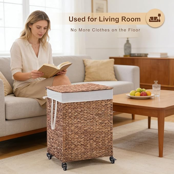 2-Section Laundry Hamper with Lid, Large Capacity Woven Natural Water Hyacinth Laundry Sorter with Removable Liners, Rolling or Non-Slip Design for Bedroom (Espresso, 2-Section)