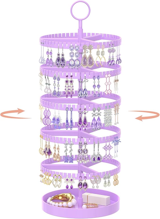 iDavosic.ly 5 Tier Rotating Earring Holder Organizer with Metal Tray, Adjustable Plastic Dangle Display Stands Tree with 285 Grooves, Large Hoop Storage Rack Tower, Purple