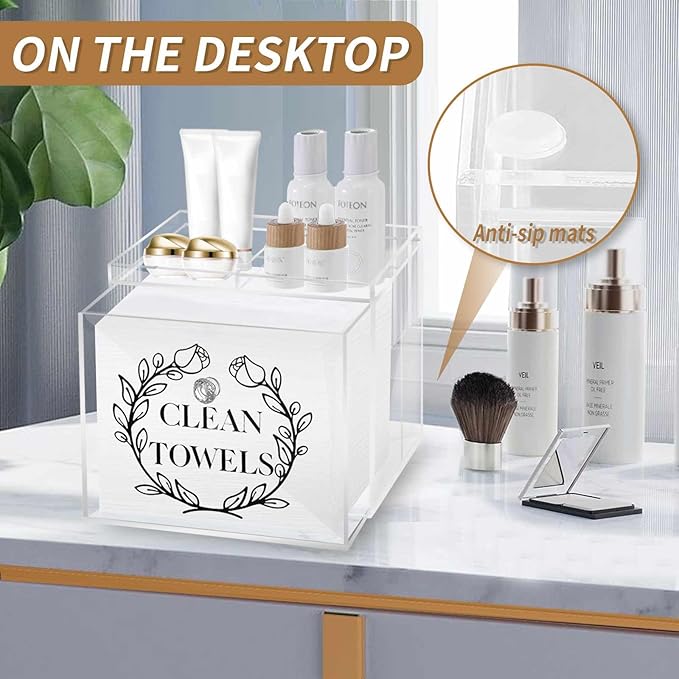 Disposable Face Towel Holder, Acrylic Storage Box for Clean Skin Club Face Towels, Laundry Sheet Holder, Dryer Sheet Holder, with Movable Dividers and Small Diamond Handles Acrylic Towel Container Box