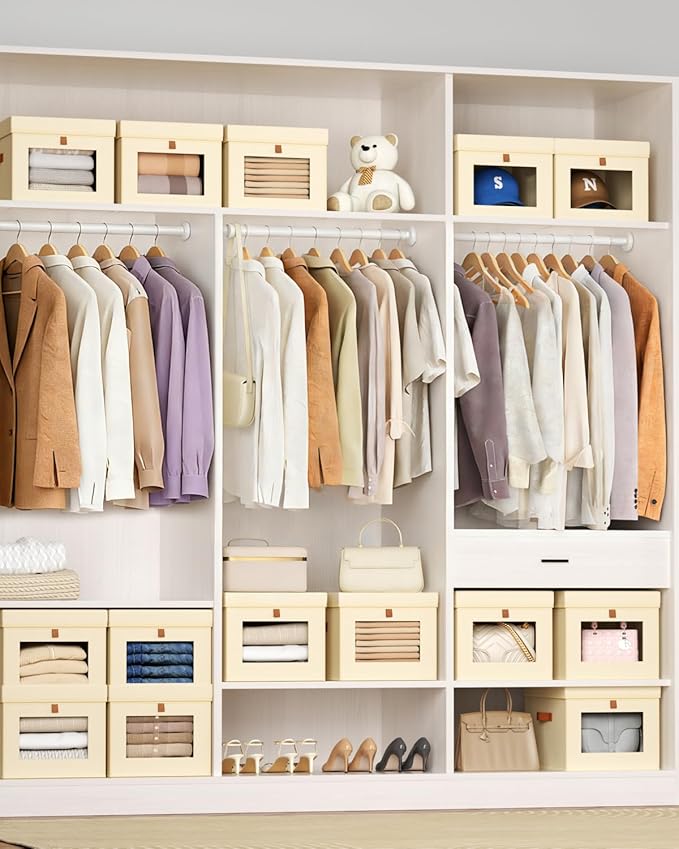 Storage Bins with Lid – Closet Organizer with Side Opening and Clear Window, Foldable Stackable Fabric Basket for Clothes, Home, Office - 13.77" x 11.8" x 9.8", 6 Pack, Beige