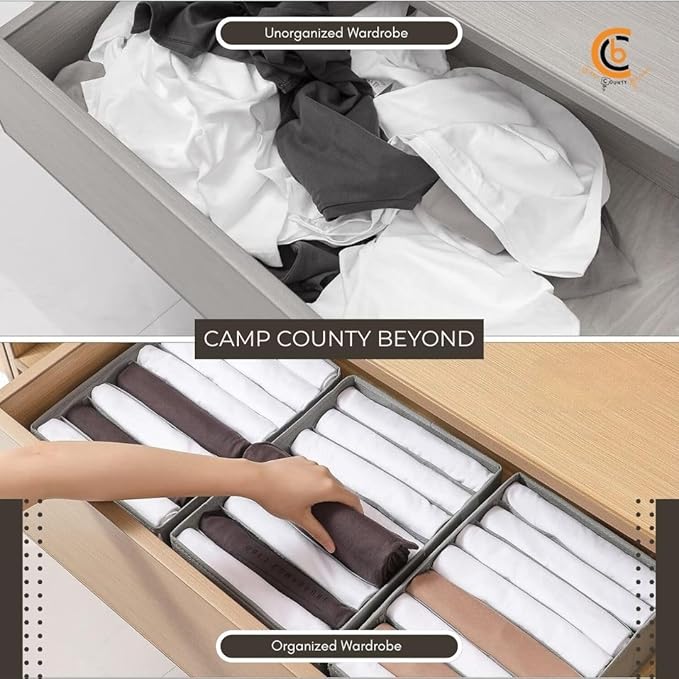 Foldable Wardrobe Clothes Organizer Storage Boxes -Set with 8 Grids - Fabric Shelf Dividers,Large Size Organiser with PPE Sheets ,Stackable Clothing Box for Jeans,Pants, Sweaters,T-Shirts (Pack of 4)