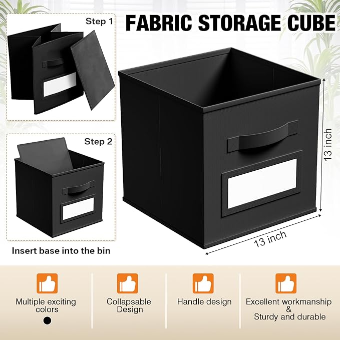 10 Pcs Fabric Storage Cubes with Labels 13 Inch Collapsible Cube Organizer Baskets with Window Cards for Shelf Nursery Clothes Book Toys Storage Bin(Black)